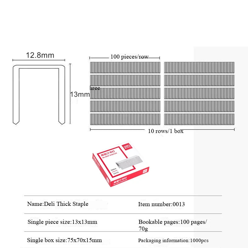 Deli 0013 Heavy Duty Staples 12.8x13mm 23/13 Binding Staples for Office Use 1000PCS/BOX Suitable for Binding 100 Sheets