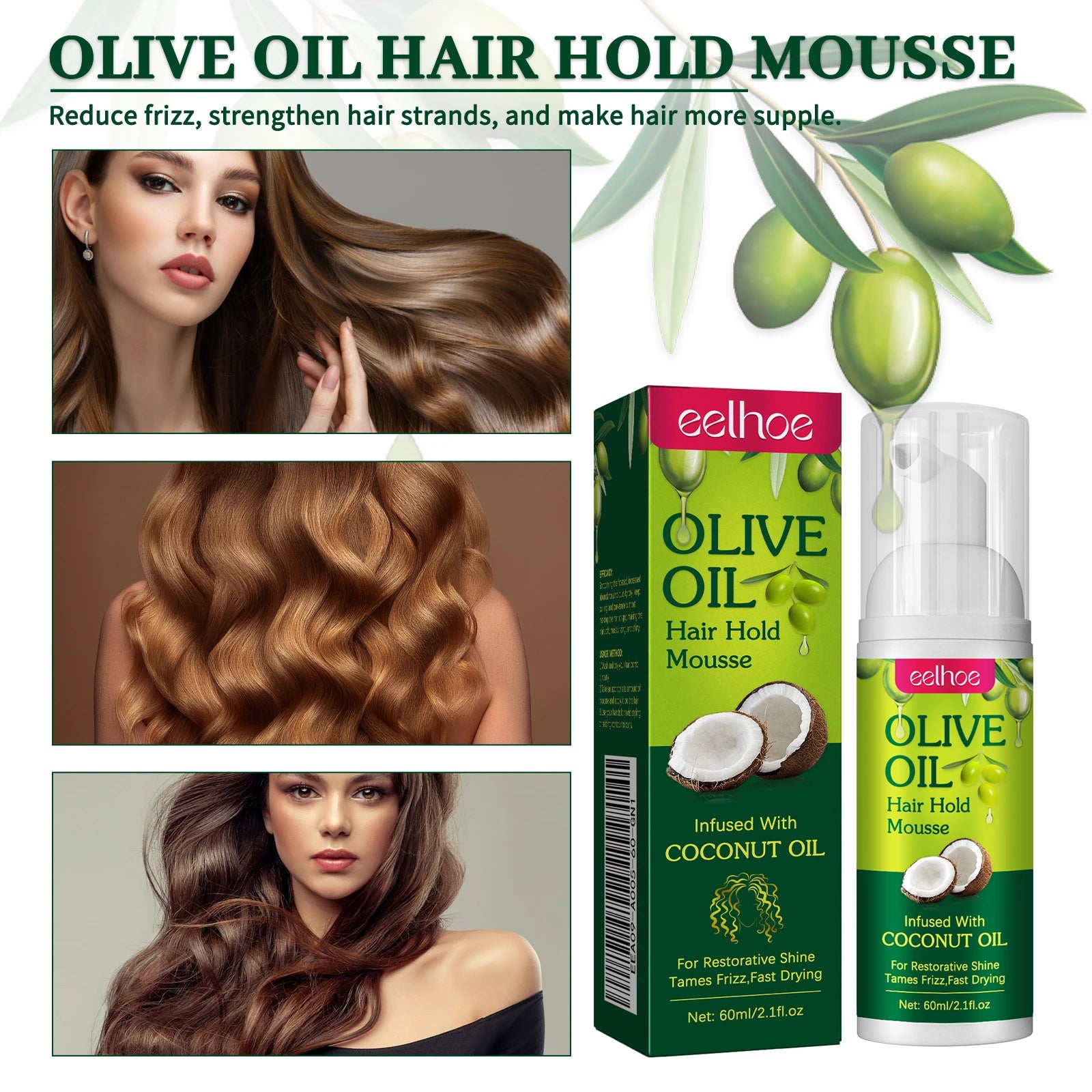 Olive Oil Hair Hold Mousse Anti Frizz Lasting Nourishing Natural Hair Wave Curl Fluffy Hairspray Hair Hold Spray for Hairstyle