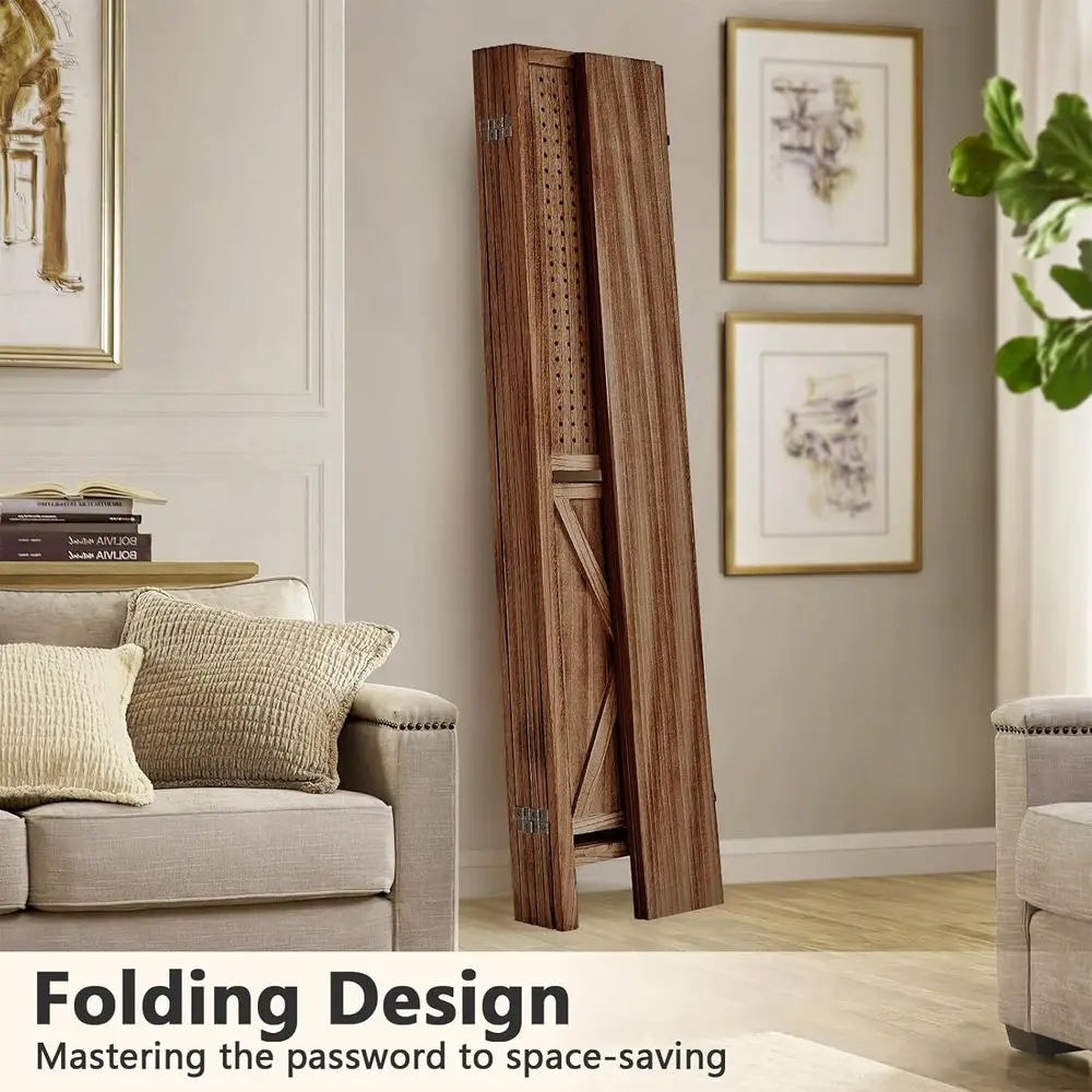 Wooden 6-Panel Pegboard Room Divider with Shelf and 24 Hooks, Ideal for Bedroom or Jewelry Store, Brown