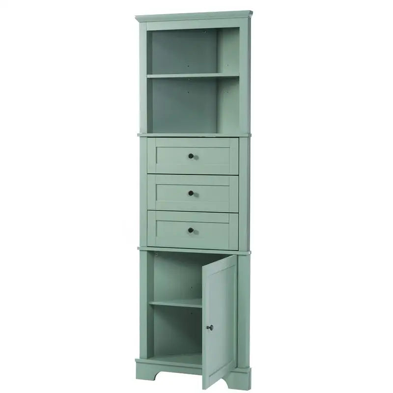 Green Triangle Tall Cabinet, 3 Drawers, Adjustable Shelves, MDF Board, Painted Finish for Bathroom, Kitchen, Living Room -