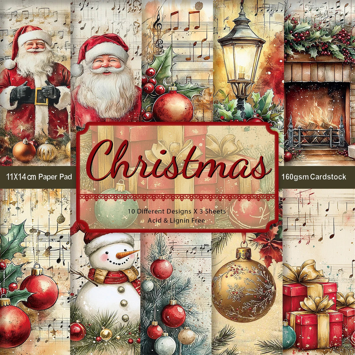 30pcs Christmas Decorative Paper-Vintage Holiday Design,Cardstock For Journaling Craft,Christmas Gift Packaging Background Paper
