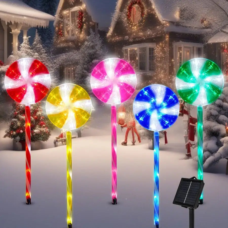 Christmas Decorations Solar Pathway Lights, Set of 5 Lollipops Peppermint Stake Lights, 8 Modes Candy Cane Walkside Lights, Outd