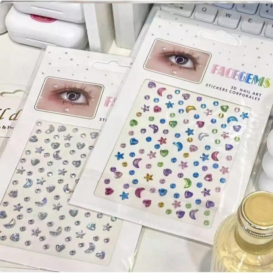 1 Sheet 3D Bling Face Rhinestone Sticker Blue Acrylic Face Gem With Gold Tickers For Body Makeup Music Festival