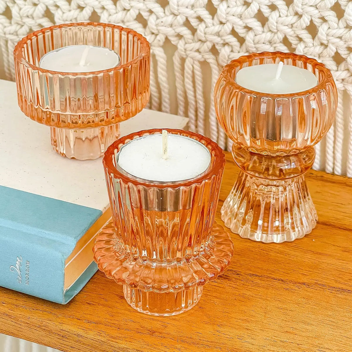 Vintage Ribbed Glass Candle Holders Set of 6, Assorted Sizes for Dining Table and Shelf Decor