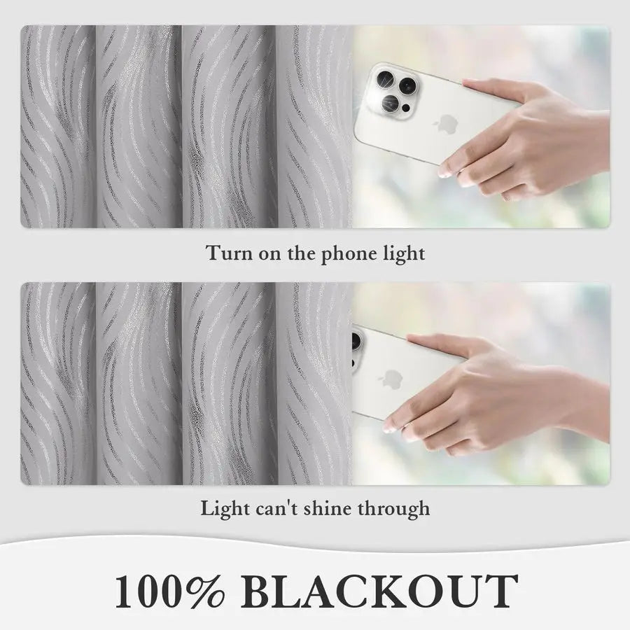 Blackout Curtains Grey and Silver Foil Pattern Curtains 84 Inch Length for Living Room Metallic Silver Wave Print Drapes for Bed
