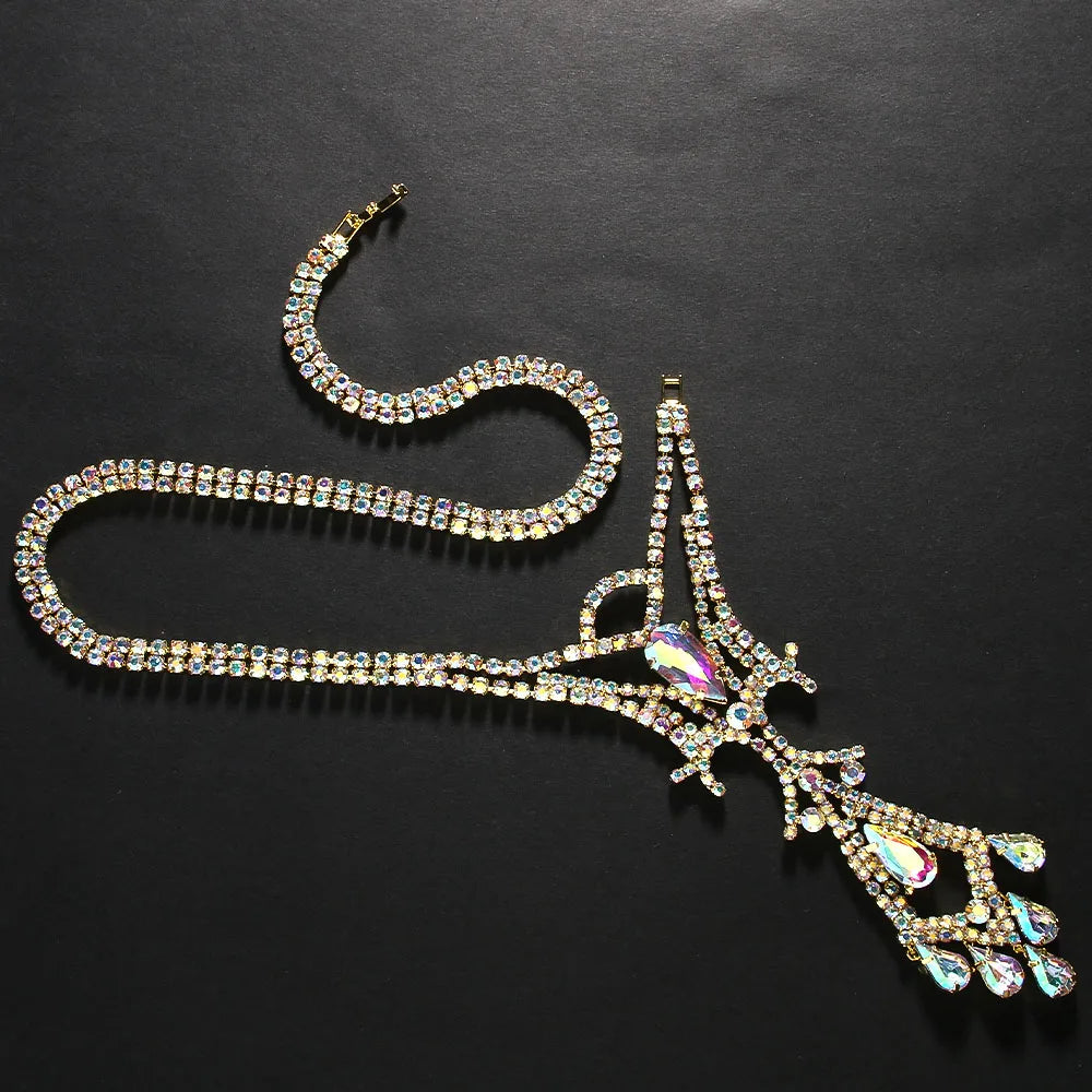Stonefans Colorful Geometric Back Chain Necklace Belly Dance Jewelry Fashion Water Drop Rhinestone Back Chain Dress for Women