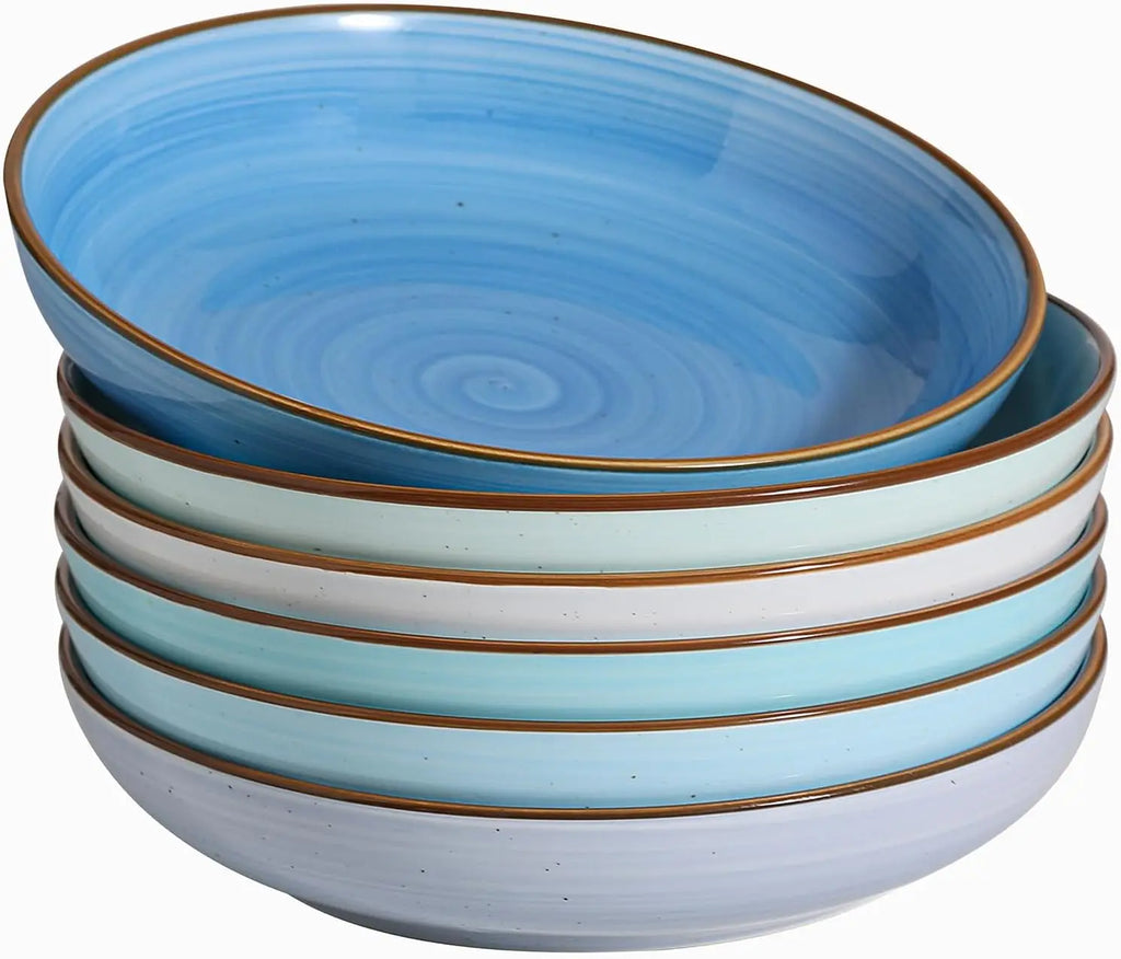 8.5'' Ceramic Pasta Bowls Set of 6, 30 oz Shallow Salad & Soup Bowls, Microwave & Dishwasher Safe Dinnerware in Gradient Blue