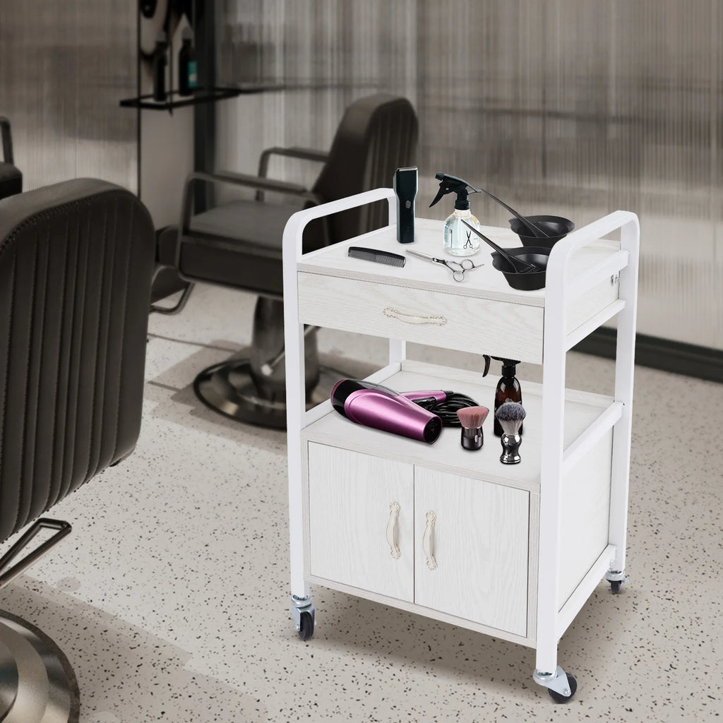 Salon High-density Wood Panels Storage Cart,White Rectangle Free Standing Movable Beauty Organizer 51*33*83cm for Beauty Salons