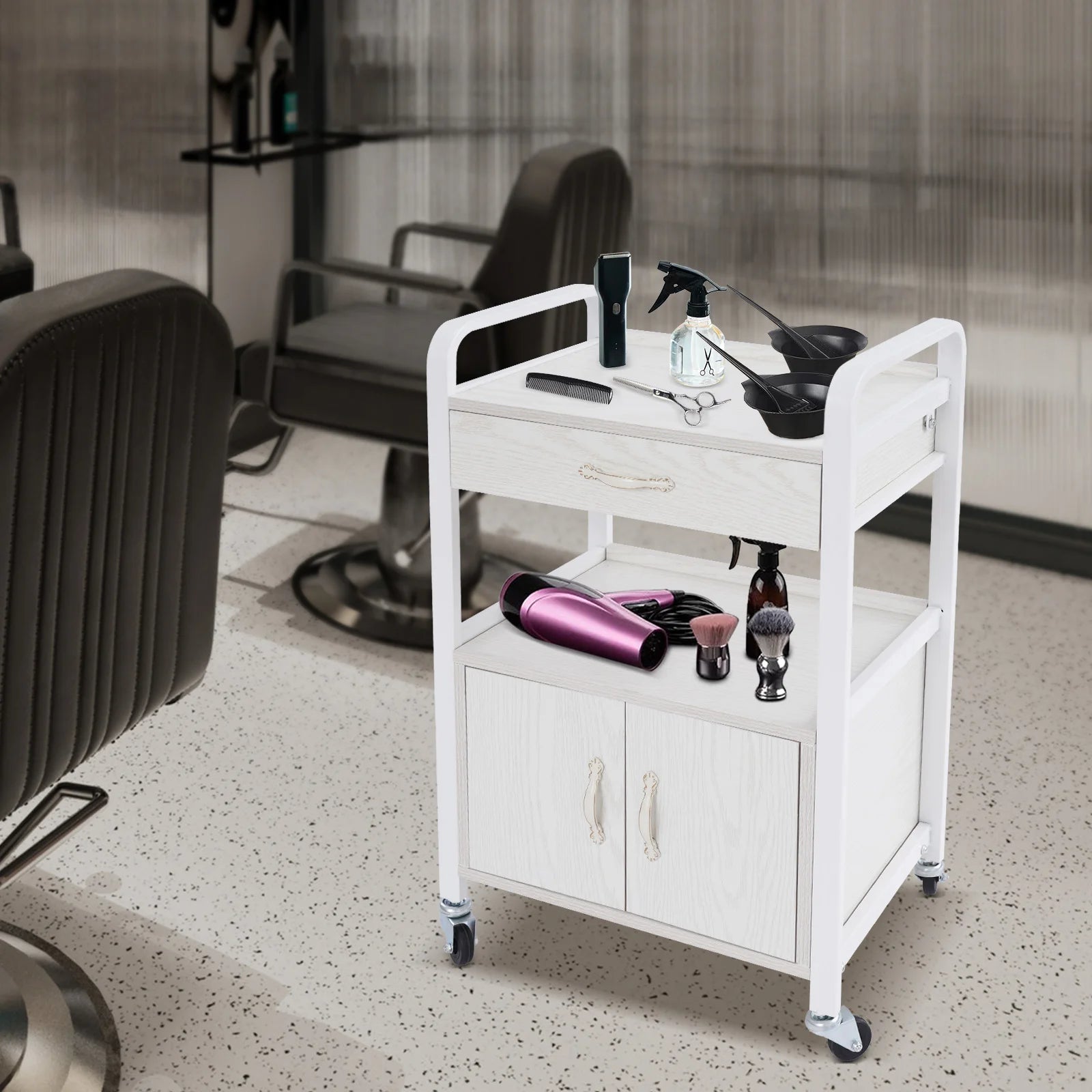 Salon High-density Wood Panels Storage Cart,White Rectangle Free Standing Movable Beauty Organizer 51*33*83cm for Beauty Salons