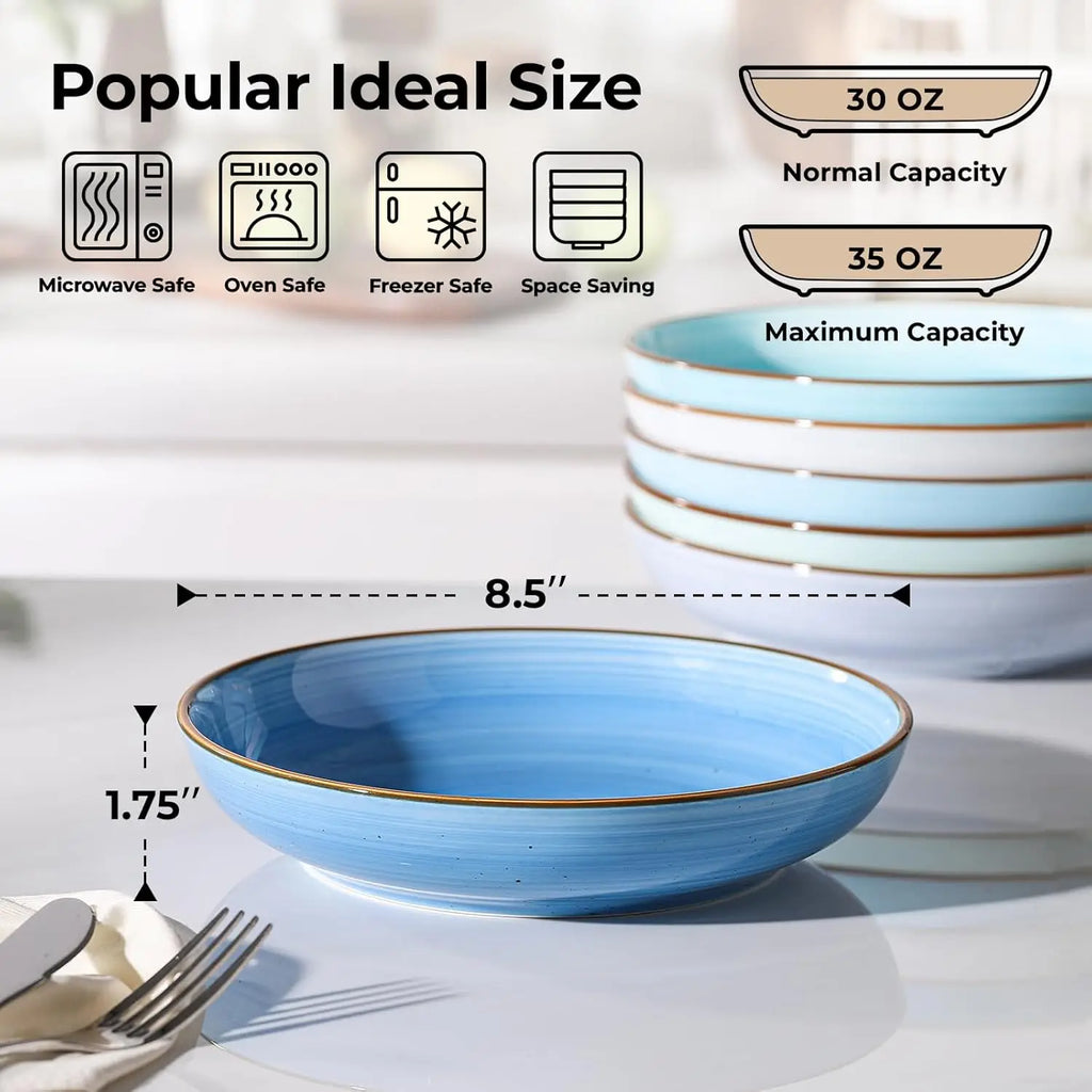 8.5'' Ceramic Pasta Bowls Set of 6, 30 oz Shallow Salad & Soup Bowls, Microwave & Dishwasher Safe Dinnerware in Gradient Blue
