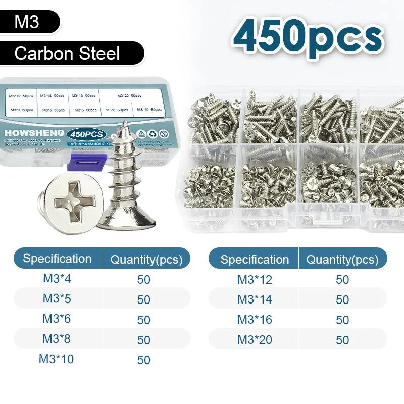 190/450/800/1300pcs Cross Flat Head Self-tapping Screws Set Assortment Kit Nickel Plated M1-M4 Phillips Head Wood Screw