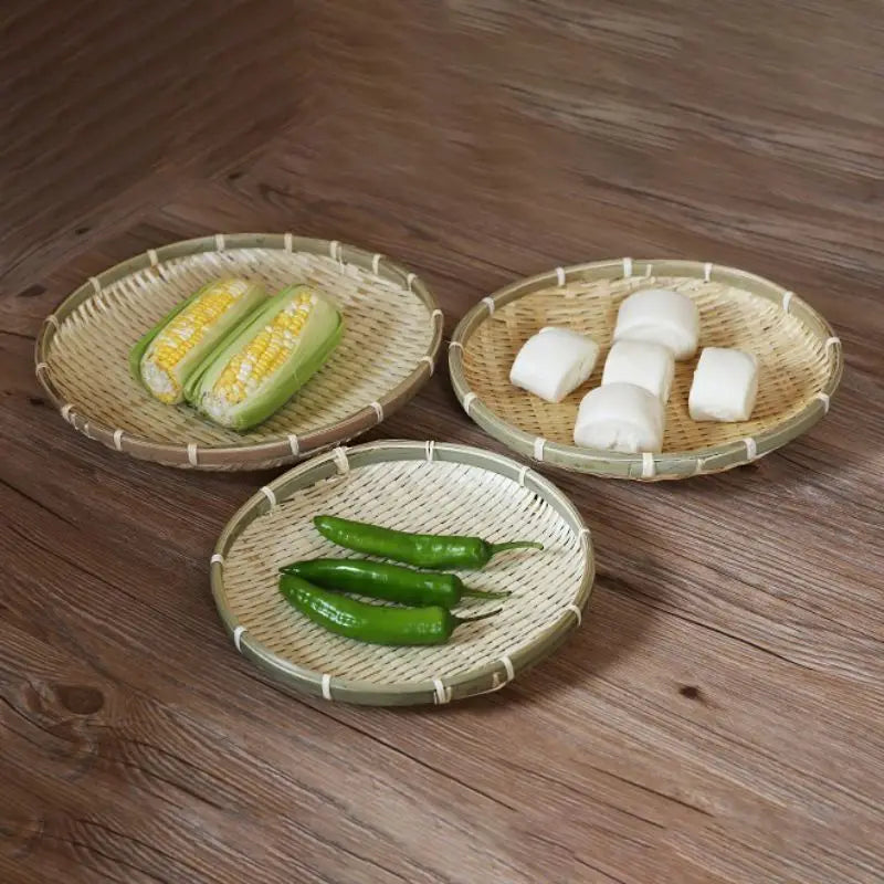 5Pcs Bamboo Basket Woven Fruit Dish Bread Tray for Dinner Serving Plate Handmade Round Sundries Container Kitchen Storage Tray