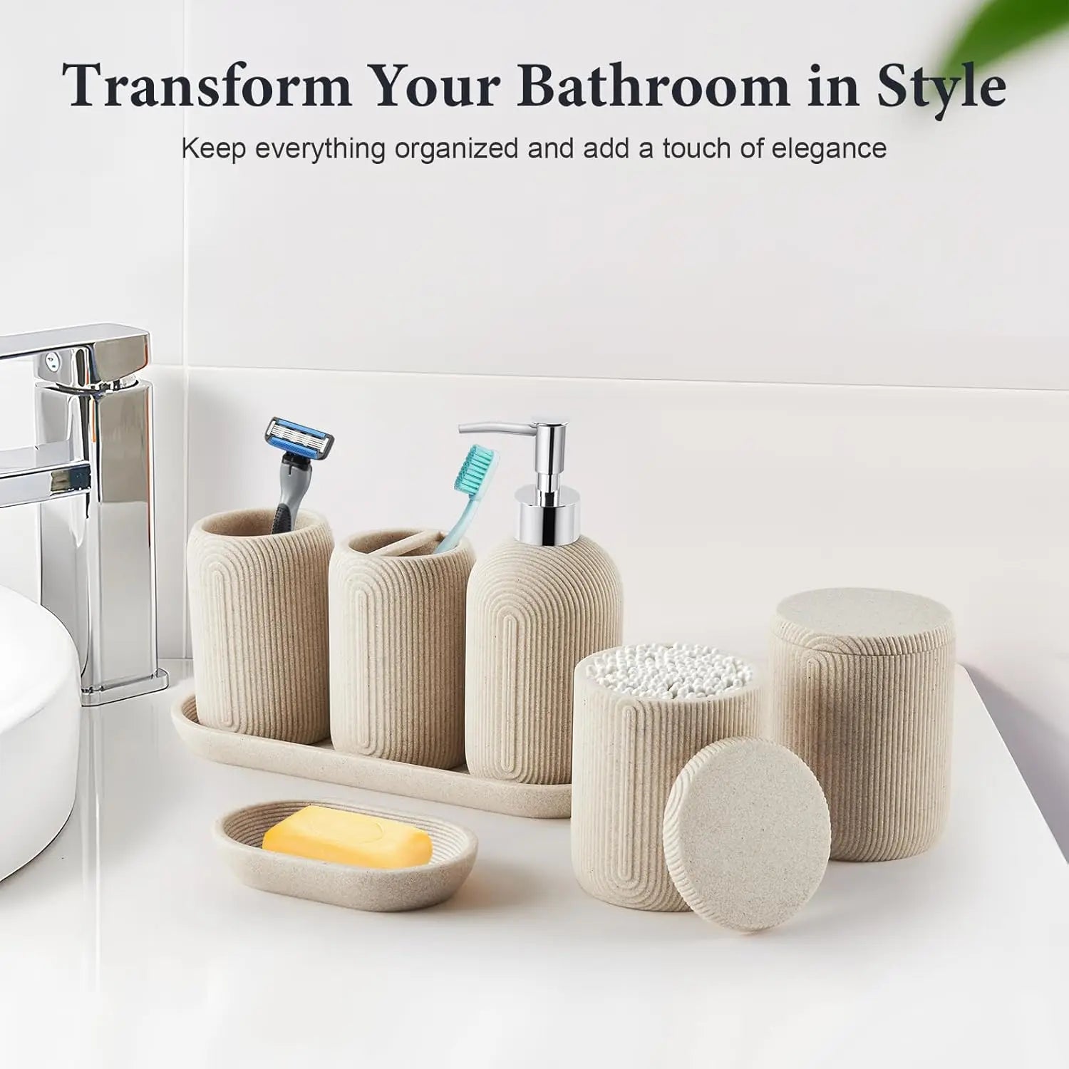 7-Piece Resin Bathroom Set with Soap Dispenser, Toothbrush Holder, Tray - Modern Beige Decor for Home