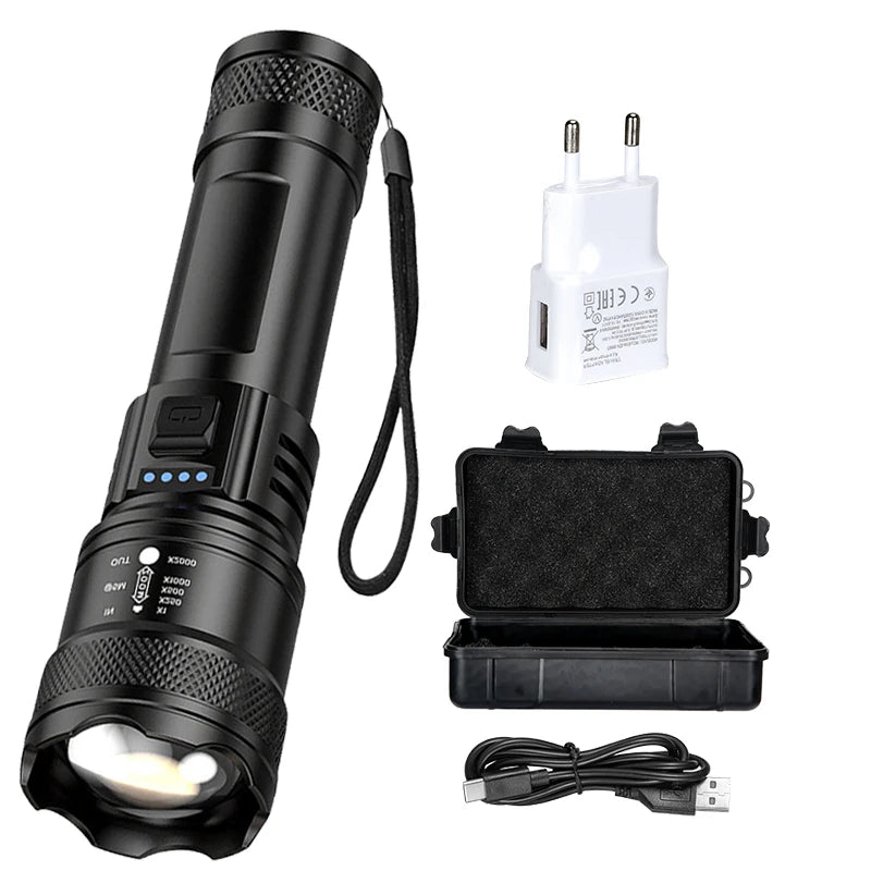 Super Bright Flashlight USB Rechargeable LED Long Range Tactical Torch Outdoor Waterproof Emergency Camping Fishing Lantern