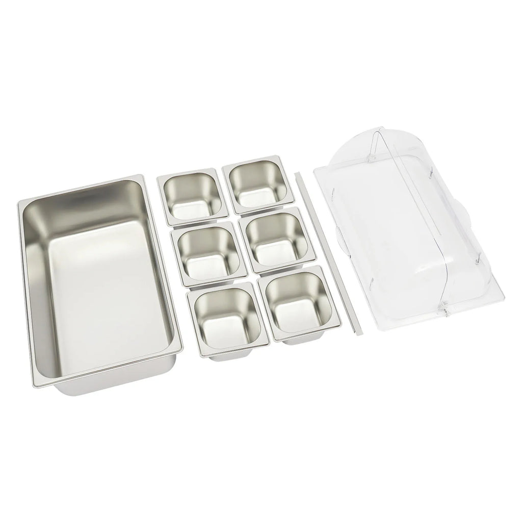 6-Pan Ice Food Serving Display Tray with Clear Roll Top Cover Cold Food Buffet Tray 15 CM Height Countertop Salad Fruit Box