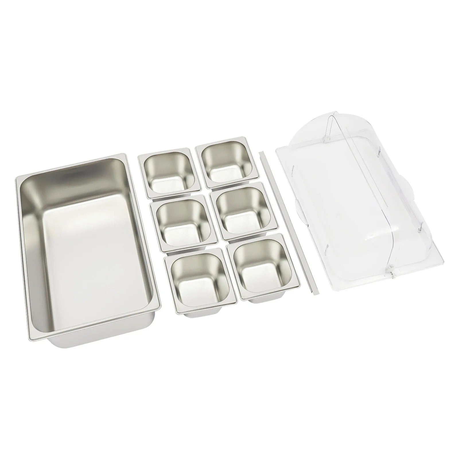 6-Pan Ice Food Serving Display Tray with Clear Roll Top Cover Cold Food Buffet Tray 15 CM Height Countertop Salad Fruit Box