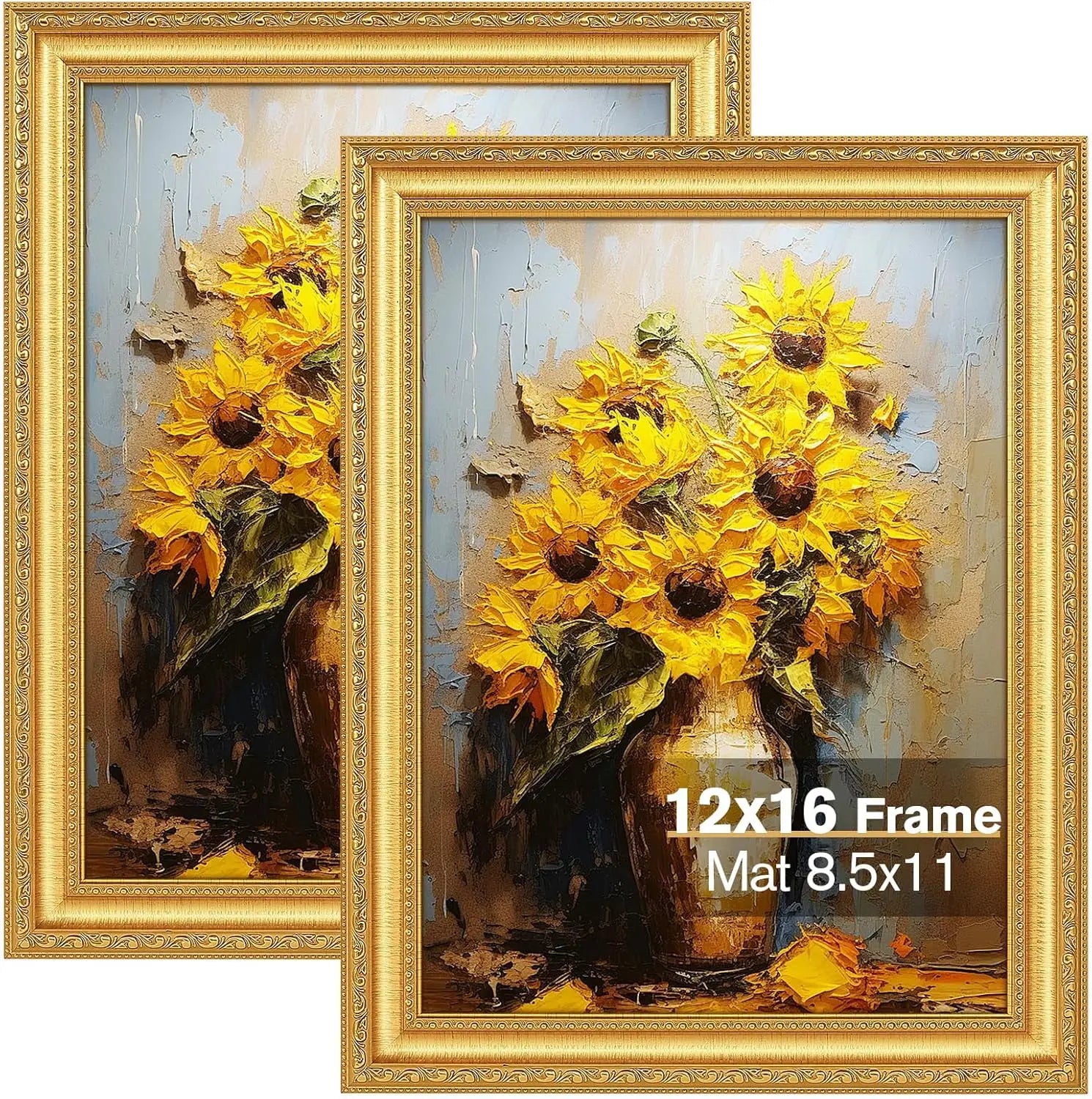 Set of 2 Gold Vintage Picture Frames, 12x16 with Real Glass for Wall or Table Display, Holds 8.5x11 or 12x16 Photos