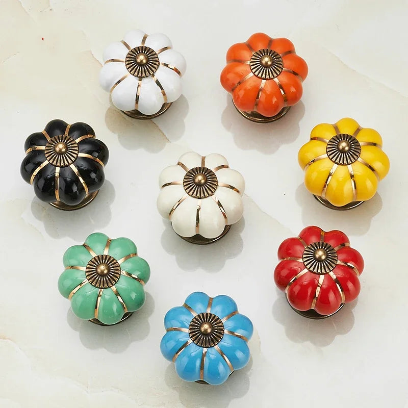 Pumpkin Gold Ceramic Handles Drawer Knobs Single Hole Cupboard Handles Cabinet Pulls Kitchen Accessories Handles Furniture