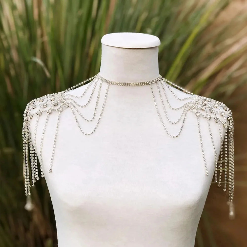 Stonefans Mesh Tassel Shoulder Chain Wedding Jewelry for Women Necklace Dress Multiple Rows Sexy Bikini Cosplay Swimsuit Summer