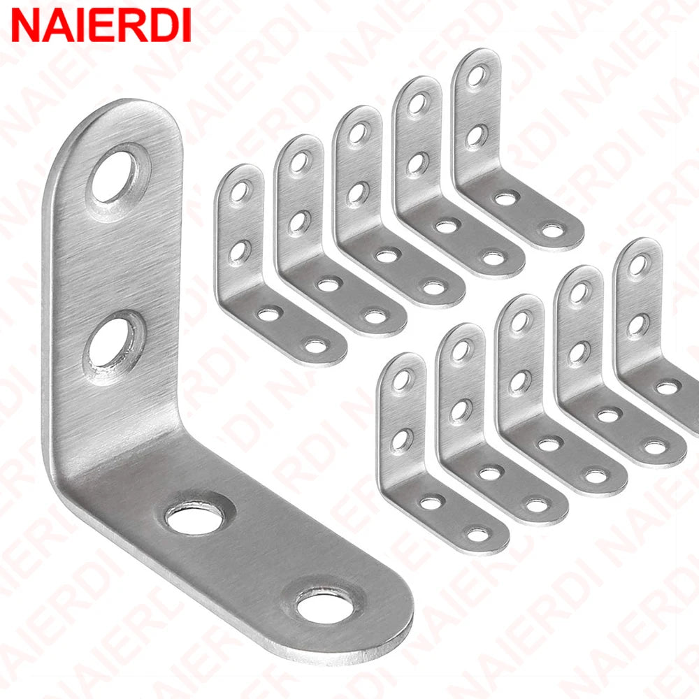 NAIERDI 10 Pack Corner Brace Stainless Steel 90 Degree Angle Corner Brackets L Bracket Firmware for Wooden Shelves,Chairs,Tables