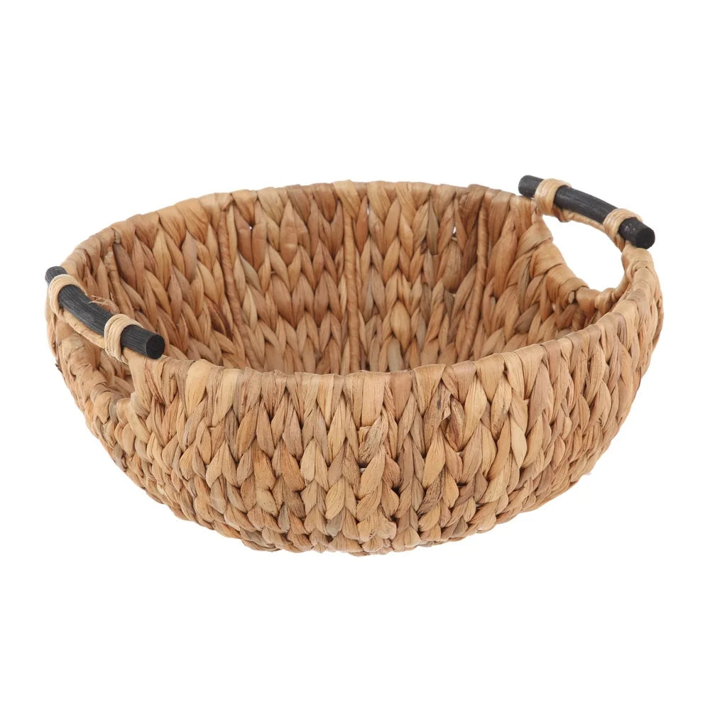 Natural Woven Water Hyacinth Decorative Bowl with Wooden Handles Home Storage Centerpiece Floral Arrangement Table Decor
