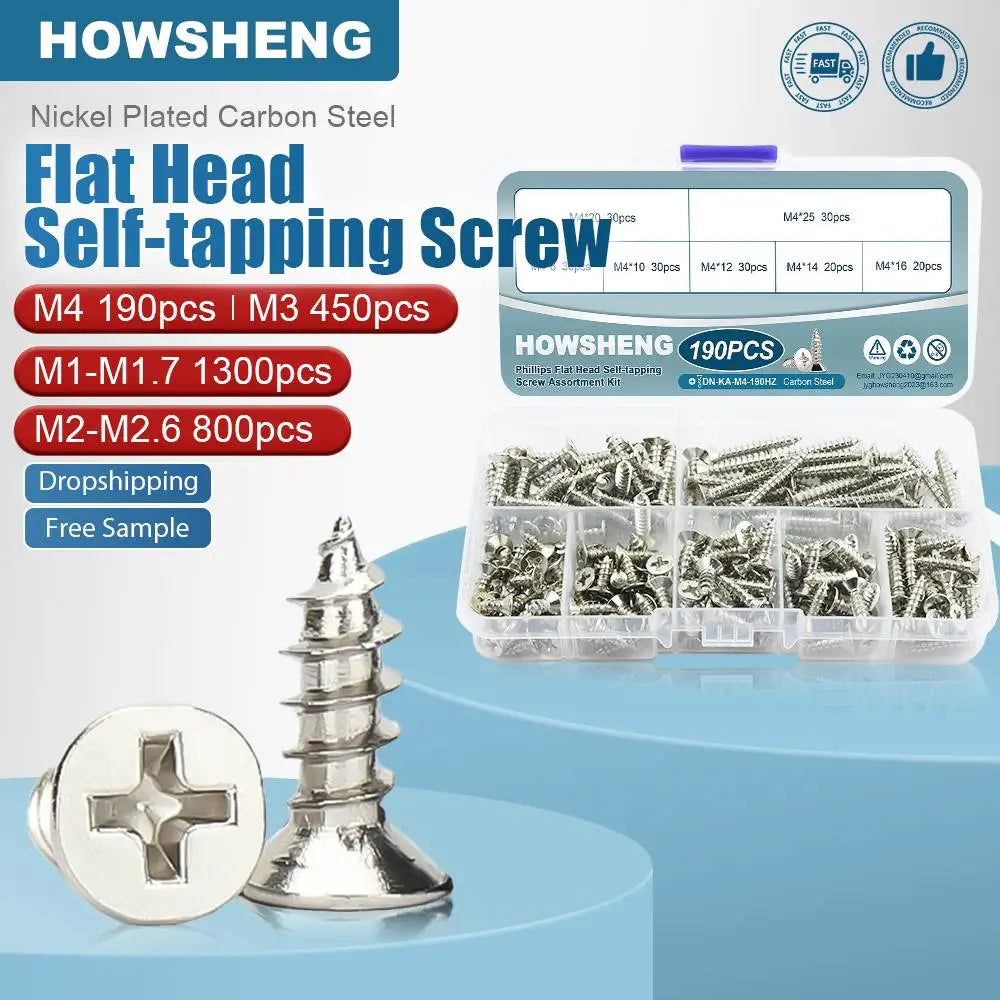 190/450/800/1300pcs Cross Flat Head Self-tapping Screws Set Assortment Kit Nickel Plated M1-M4 Phillips Head Wood Screw