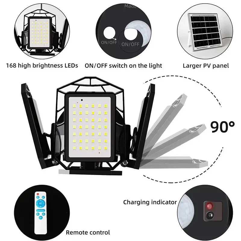 Outdoor Indoor Solar Pendant Light Motion Sensor Folding LED Lamp 3 Modes Floodlight for Industrial Lighting Workshop Warehouse