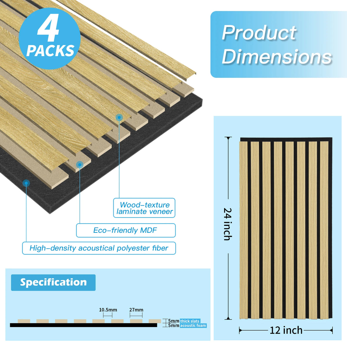 Art3d  4-Panels, Textured Wood-Look 3D Wall & Ceiling Tiles Noise Insulating MDF Grille Design,Acoustic Panels, 24" x 12"
