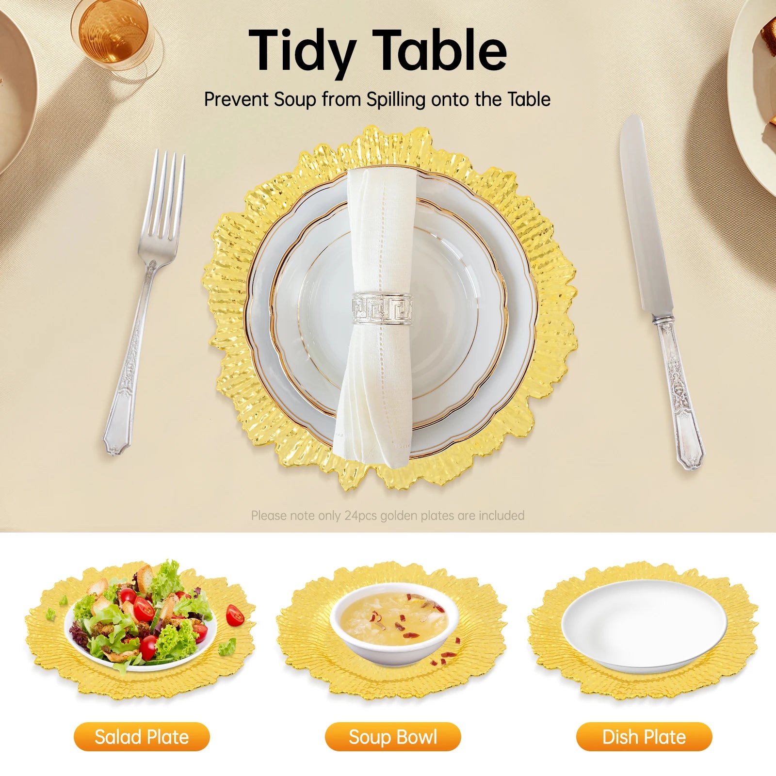 24 Pack Gold Charger Plates PP Material Plating Surface Hard Feature Hold Dinner Plates Bowls For Wedding Table Decoration