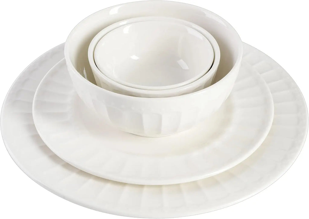 Zen Buffet Porcelain Ceramic Dinnerware Set for 8, 40-Piece White Embossed Plates and Bowls