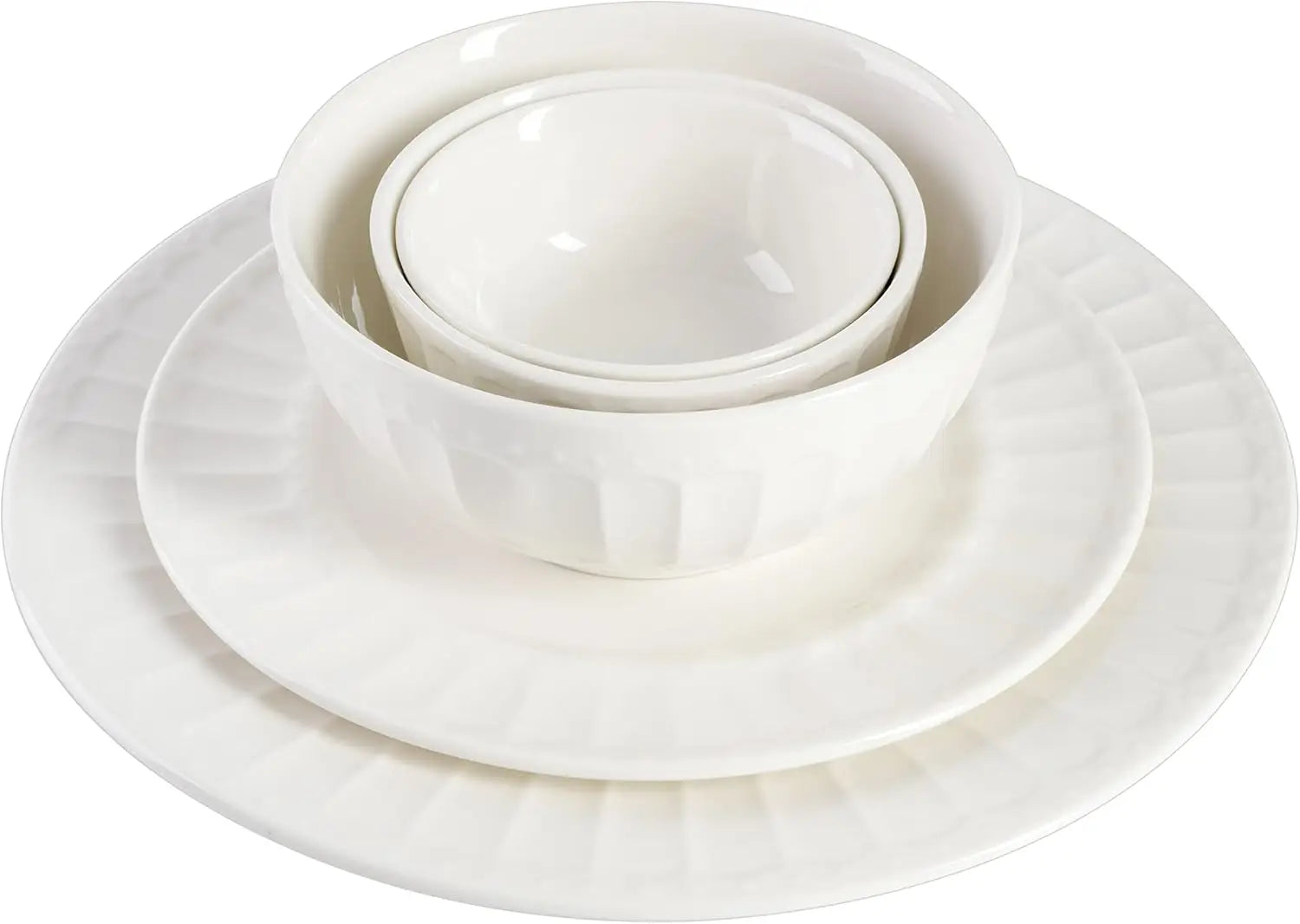 Zen Buffet Porcelain Ceramic Dinnerware Set for 8, 40-Piece White Embossed Plates and Bowls