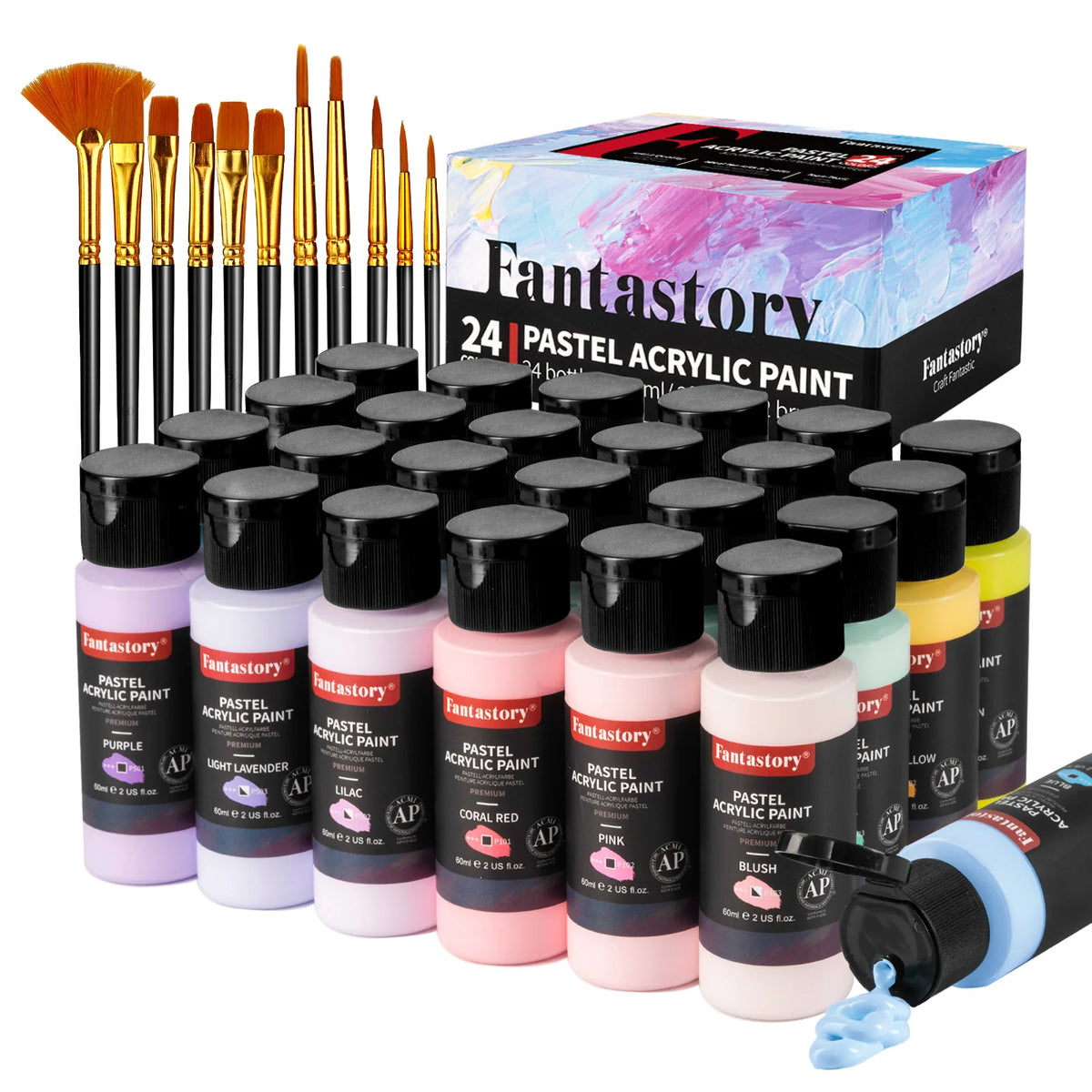 Fantastory Pastel Acrylic Paint Set+12 Brushes, 24 x 2oz Pastel Colors Art Craft Paint for Artists Students, Halloween Decoratio