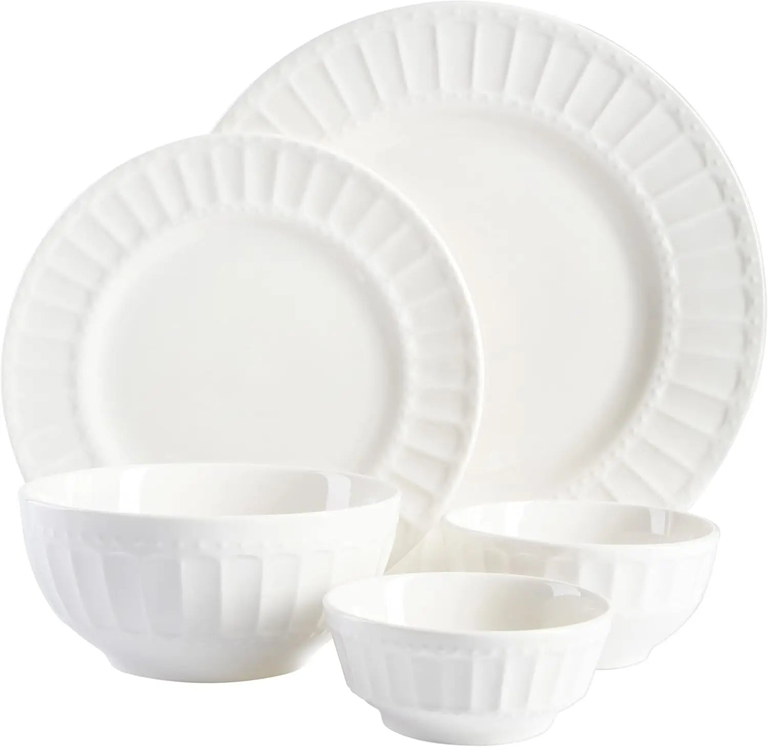 Zen Buffet Porcelain Ceramic Dinnerware Set for 8, 40-Piece White Embossed Plates and Bowls
