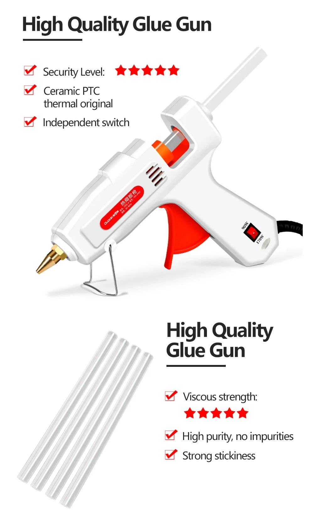 100W Electric Hot Melt Glue Gun DIY Mini for Household Industrial Use 11mm Glue Stick US Plug Repair Tool