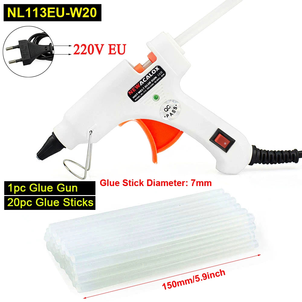 NEWACALOX 20W 220V Hot Melt Glue Gun with 20Pcs 7mm Glue Sticks Industrial Mini Guns Thermo Gluegun Heat Temperature Tool