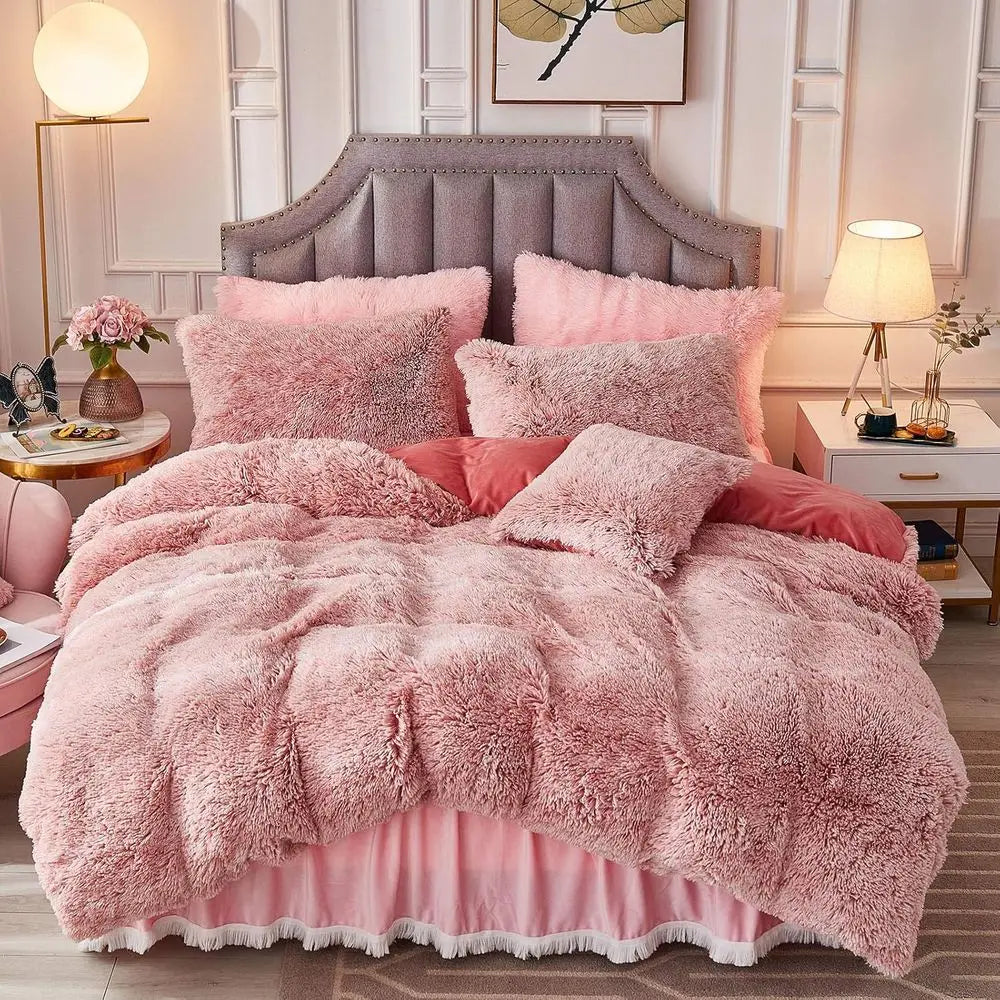 King Size Pink Ombre Crystal Velvet 3-Piece Shaggy Faux Fur Bedding Set with Comforter & Pillow Shams