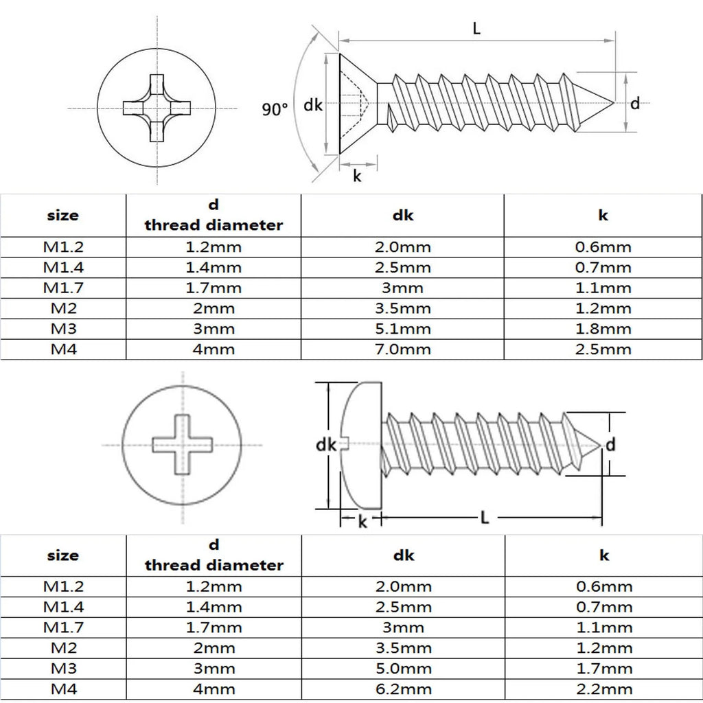 1 Kit Mix Sizes M1.2 M1.4 M1.7 M2 M3 M4 Phillips Flat Countersunk Round Pan Head Wood Self Tapping Screw Set 304 Stainless Steel