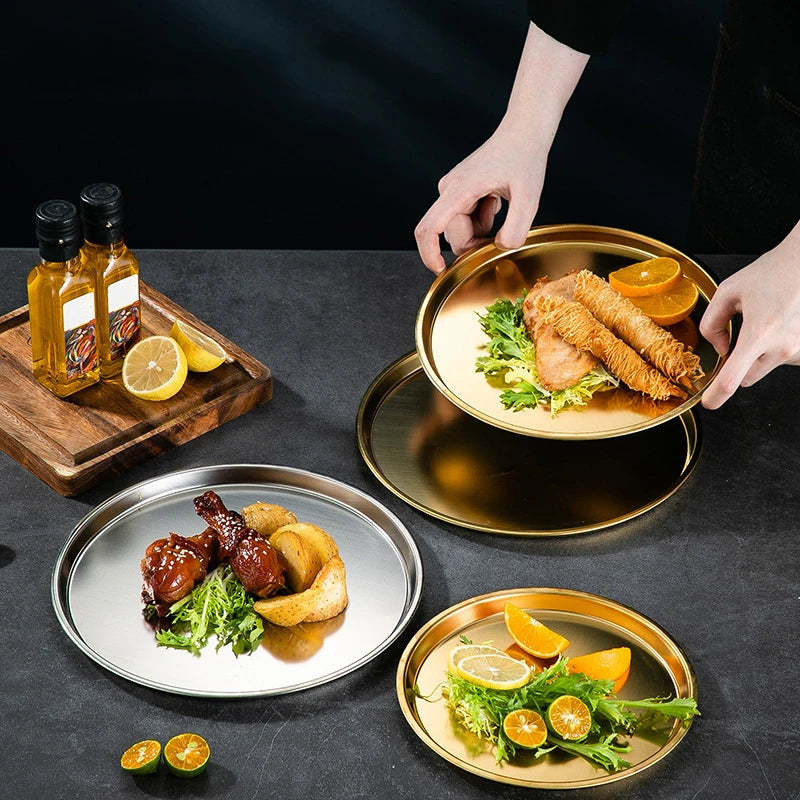 Kitchen Bar Tableware Cake And Fruit Snack Plate Kitchen Accessories Stainless Steel Plate Camping Picnic Plate