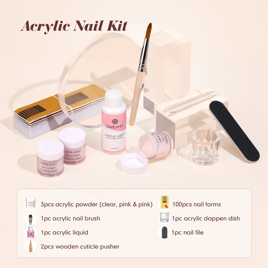 SAVILAND Clear Pink Nudes Acrylic Powder Kit with 30ml Acrylic Liquid Acrylic Nail Brush Nail Forms for Nail Art Salon Home DIY