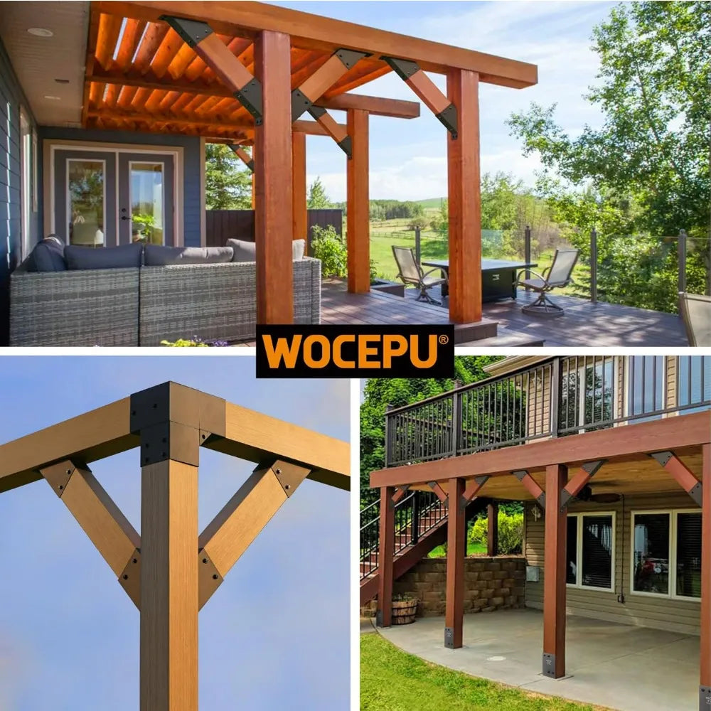 Four-Piece 45-Degree Angle Brackets for 4x6 Pergolas, Gazebos, Deck Porches, and Cabin Elevated Wood Support
