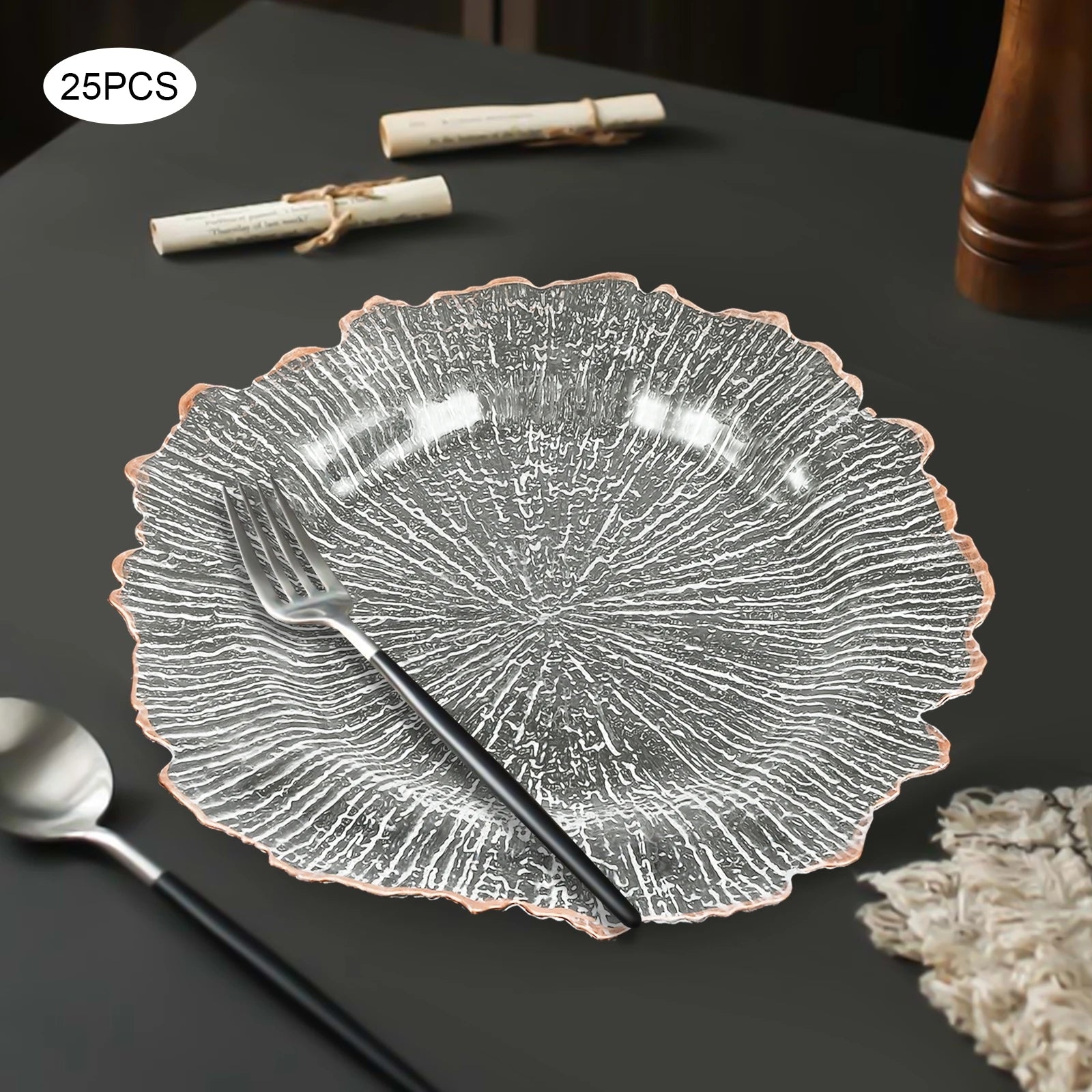 Clear Charger Plates 25 Pieces Rose Gold Flower Shape PS Hot Stamping Dinner Table Charger Plates