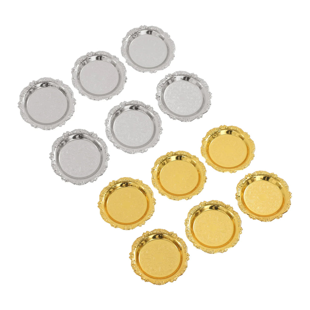 6PCS Gold/Silver Serving Tray Round Metal Snack Plate Restaurant Tray Plate Jewelry Display Tray for Birthday Wedding Banquet