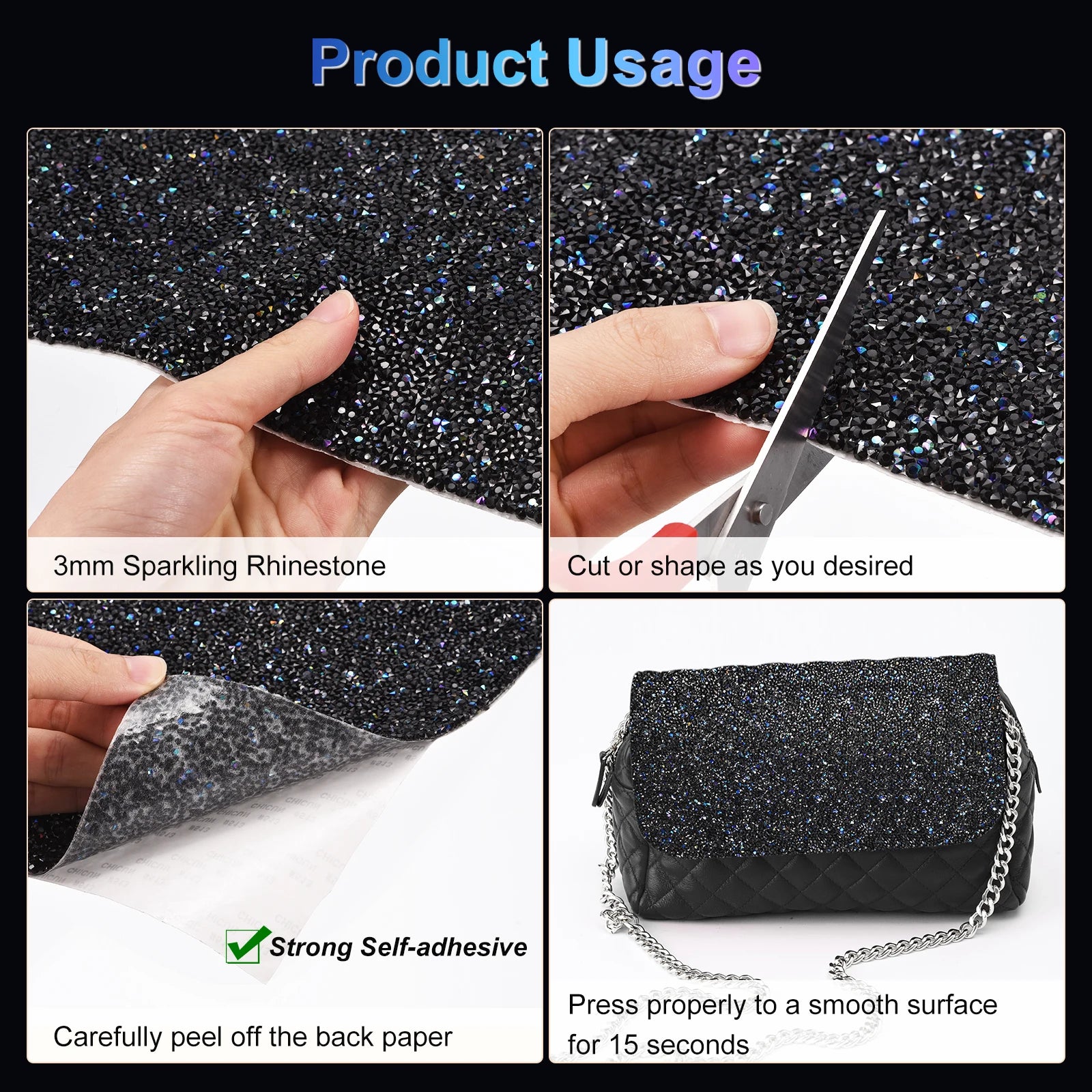 Bling Rhinestone Stickers Resin Decoration Stickers Self-Adhesive Glitter Crystal Sheet Stickers Black Blue AB for Crafts Decora