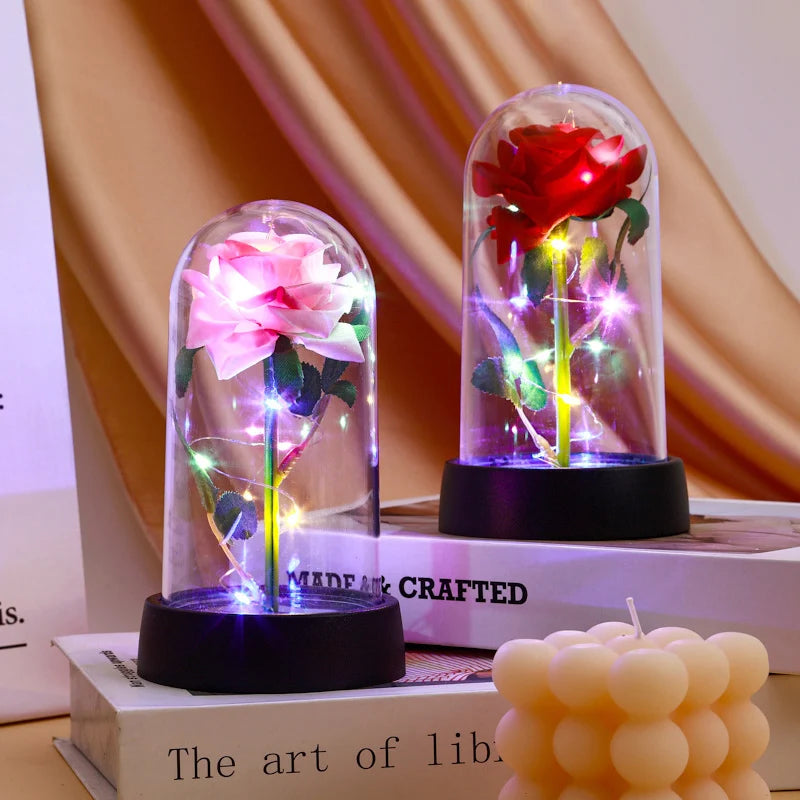 Artificial Rose Flowers LED Light Foil Flower In Glass Cover Eternal Rose Wedding Home Decor Birthday Mother's Day Gift