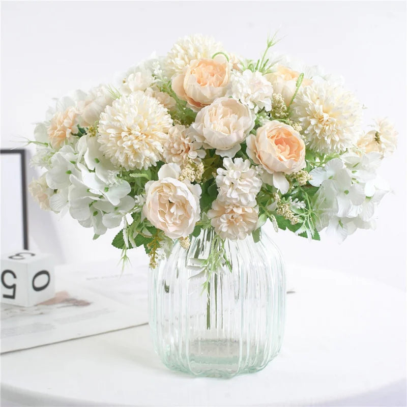 7 Heads Hydrangea Flowers Artificial Bouquet Silk Blooming Fake Peony Bridal Hand Flower Roses Wedding Centerpieces Decor