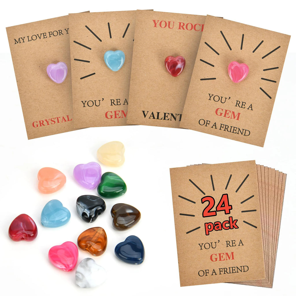 24 Pack Valentine Exchange Card with Heart-Shape Crystal Stone Valentines Cards for Boys Girls School Classroom Party Favors