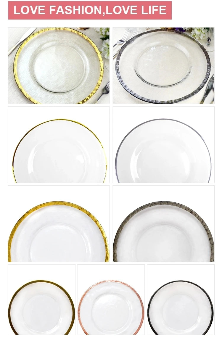 Transparent Glass Charger Plate, Decorative Wedding Dinner Plate, Round Tableware, Show Tray Display, Paint Gold Line Design