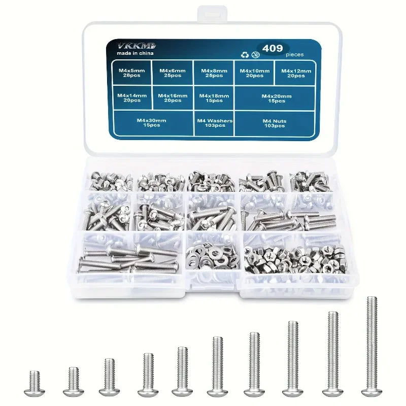 KKM M4 Stainless Steel Bolt Kit - 409pcs Hex Button Head Screws, Nuts & Washers Assortment Set" (92 bytes)