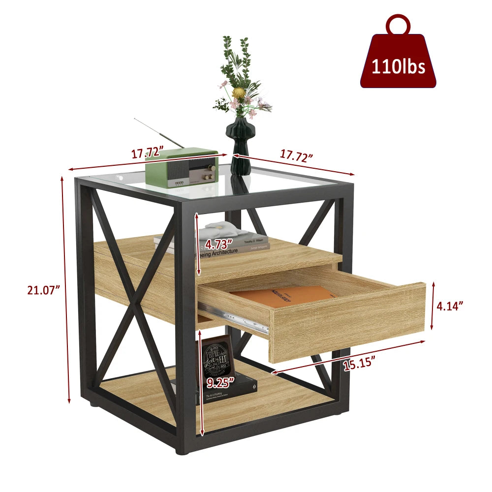 Modern coffee table for Bedroom & Living Room, Tempered Glass&Rustic Wood Grain MDF, Industrial Style coffee table