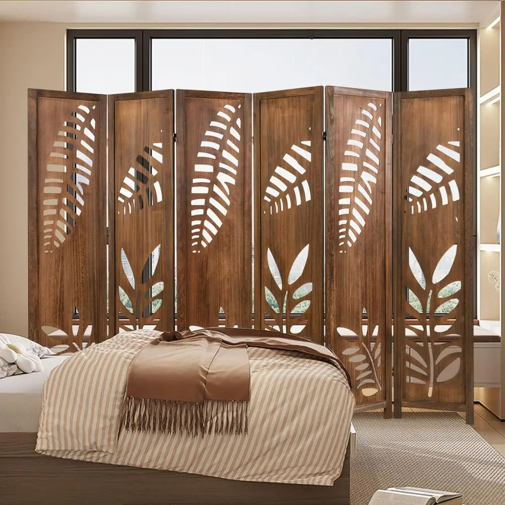 6 Panel Carved Leaf Wooden Folding Screen, 67 Tall, Freestanding Room Divider, Brown, for Privacy and Decor